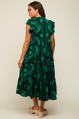 Green Paisley Flutter Sleeve Button Front Tiered Maternity Midi Dress