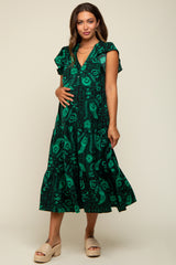 Green Paisley Flutter Sleeve Button Front Tiered Maternity Midi Dress