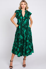 Green Paisley Flutter Sleeve Button Front Tiered Maternity Midi Dress