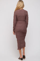 Brown Textured Ruched Maternity Midi Dress