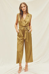 Golden Satin Sleeveless Shirt Jumpsuit