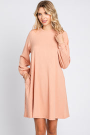 Light Pink Ribbed Mock Neck Long Sleeve Dress