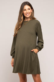 Olive Ribbed Mock Neck Long Sleeve Maternity Dress