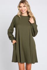 Olive Ribbed Mock Neck Long Sleeve Dress