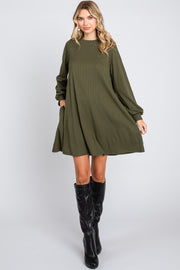 Olive Ribbed Mock Neck Long Sleeve Dress