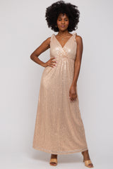 Beige Sequin Sleeveless Wrap V-Neck Gown