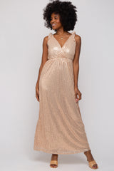 Beige Sequin Sleeveless Wrap V-Neck Gown