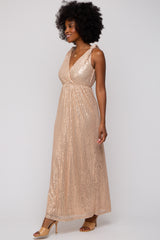 Beige Sequin Sleeveless Wrap V-Neck Gown