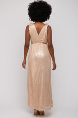 Beige Sequin Sleeveless Wrap V-Neck Gown