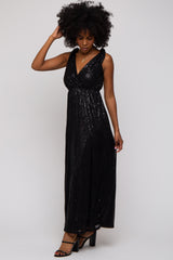 Black Sequin Sleeveless Wrap V-Neck Gown