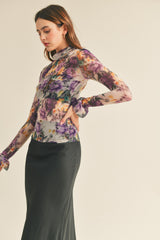 Purple Floral Sheer Floral Mock Neck Top