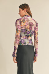 Purple Floral Sheer Floral Mock Neck Top