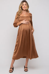 Mocha Satin Smocked Maternity Midi Dress