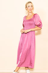 Mauve Satin Smocked Midi Dress