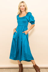 Turquoise Satin Smocked Midi Dress