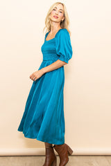 Turquoise Satin Smocked Midi Dress