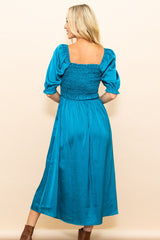 Turquoise Satin Smocked Midi Dress