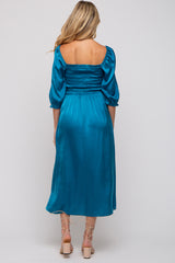 Turquoise Satin Smocked Maternity Midi Dress