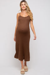 Brown Open Knit Crochet Maternity Midi Dress