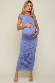 Periwinkle Asymmetrical Off Shoulder Ruched Maternity Midi Dress