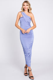 Periwinkle Asymmetrical Off Shoulder Ruched Midi Dress