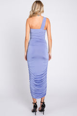 Periwinkle Asymmetrical Off Shoulder Ruched Midi Dress