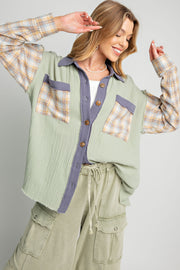 Light Olive Gauze Plaid Mix Button Up Top