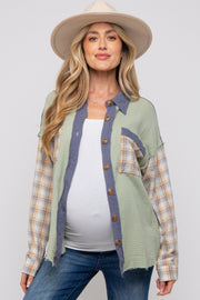 Light Olive Gauze Plaid Mix Button Up Maternity Top