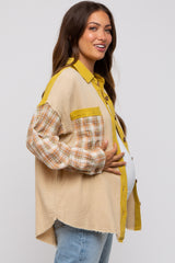 Beige Gauze Plaid Mix Button Up Maternity Top