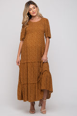 Camel Ditsy Floral Smocked Ruffle Tiered Maternity Midi Dress