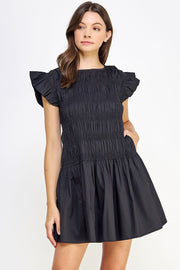 Black Smocked Bodice Poplin Mini Dress