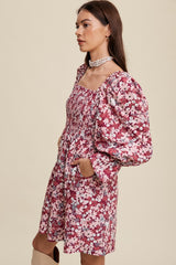 Magenta Floral Print Smocked Square Neck Dress