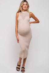 Cream Open Knit Fitted Maternity Sweater Midi Dress