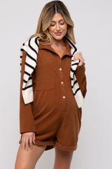 Camel Corduroy Button Up Front Pocket Maternity Romper