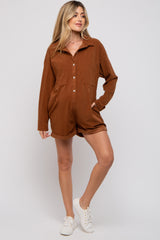 Camel Corduroy Button Up Front Pocket Maternity Romper