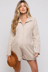 Beige Corduroy Button Up Front Pocket Maternity Romper