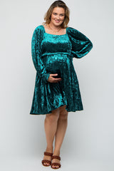 Teal Green Velour Square Neck Maternity Plus Dress