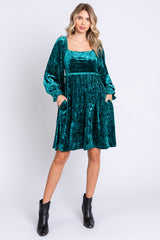 Green Teal Velour Square Neck Dress