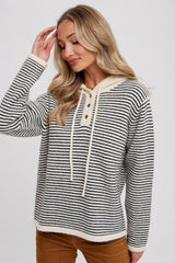 Black Striped Drawstring Hooded Maternity Sweater