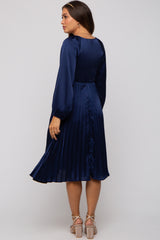 Navy Satin Smocked and Pleated Maternity Midi Dress