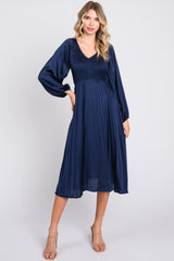 Navy Satin Smocked and Pleated Maternity Midi Dress