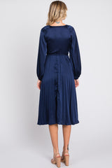 Navy Satin Smocked and Pleated Midi Dress