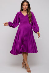 Purple Satin Smocked and Pleated Maternity Midi Dress