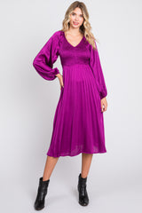 Purple Satin Smocked and Pleated Maternity Midi Dress