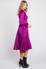 Purple Satin Smocked and Pleated Midi Dress