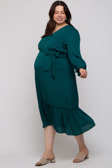 Forest Green V-Neck Front Button Satin Jacquard Maternity Midi Dress