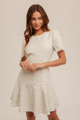 Cream Sequined Tweed Dress With Back Zipper