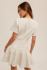 Cream Sequined Tweed Dress With Back Zipper