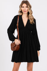 Black Linen Deep V-Neck Long Sleeve Maternity Dress