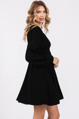 Black Linen Deep V-Neck Long Sleeve Dress